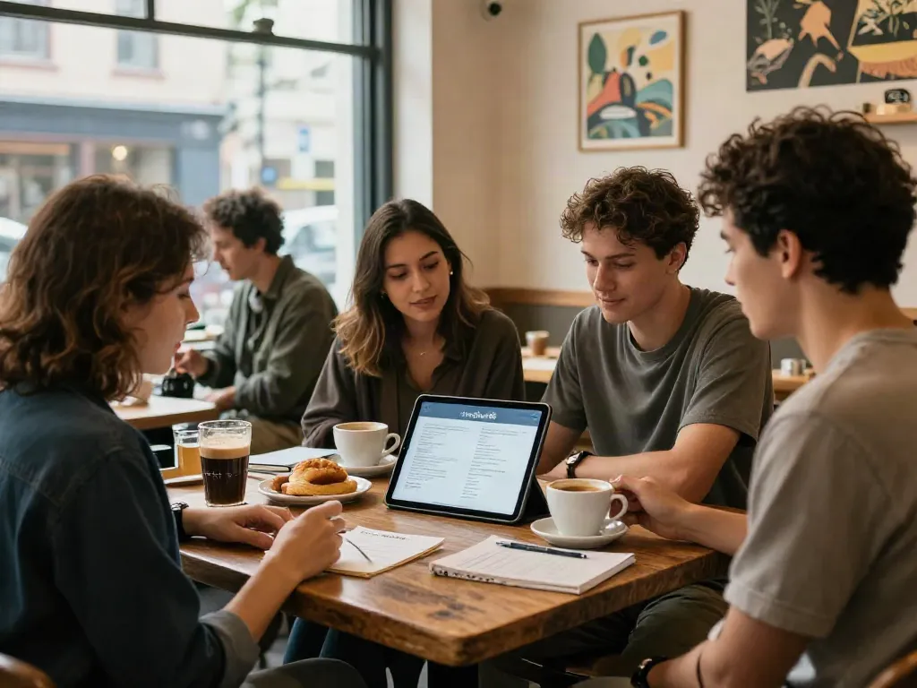 Group of friends enjoying coffee while discussing rokok88 trends in a cozy urban café.